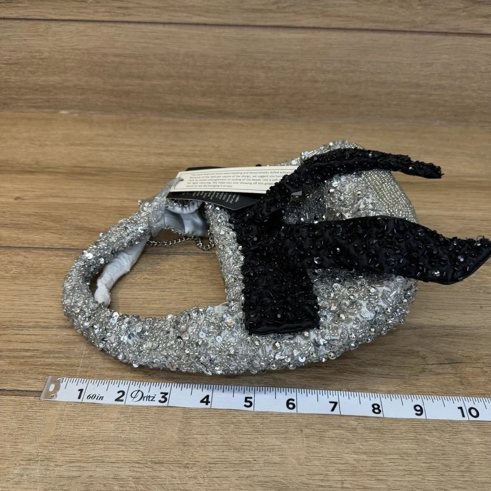 Silver Beaded Mini Bag Black Bow Crystal Sequin Sparkle Party Purse India